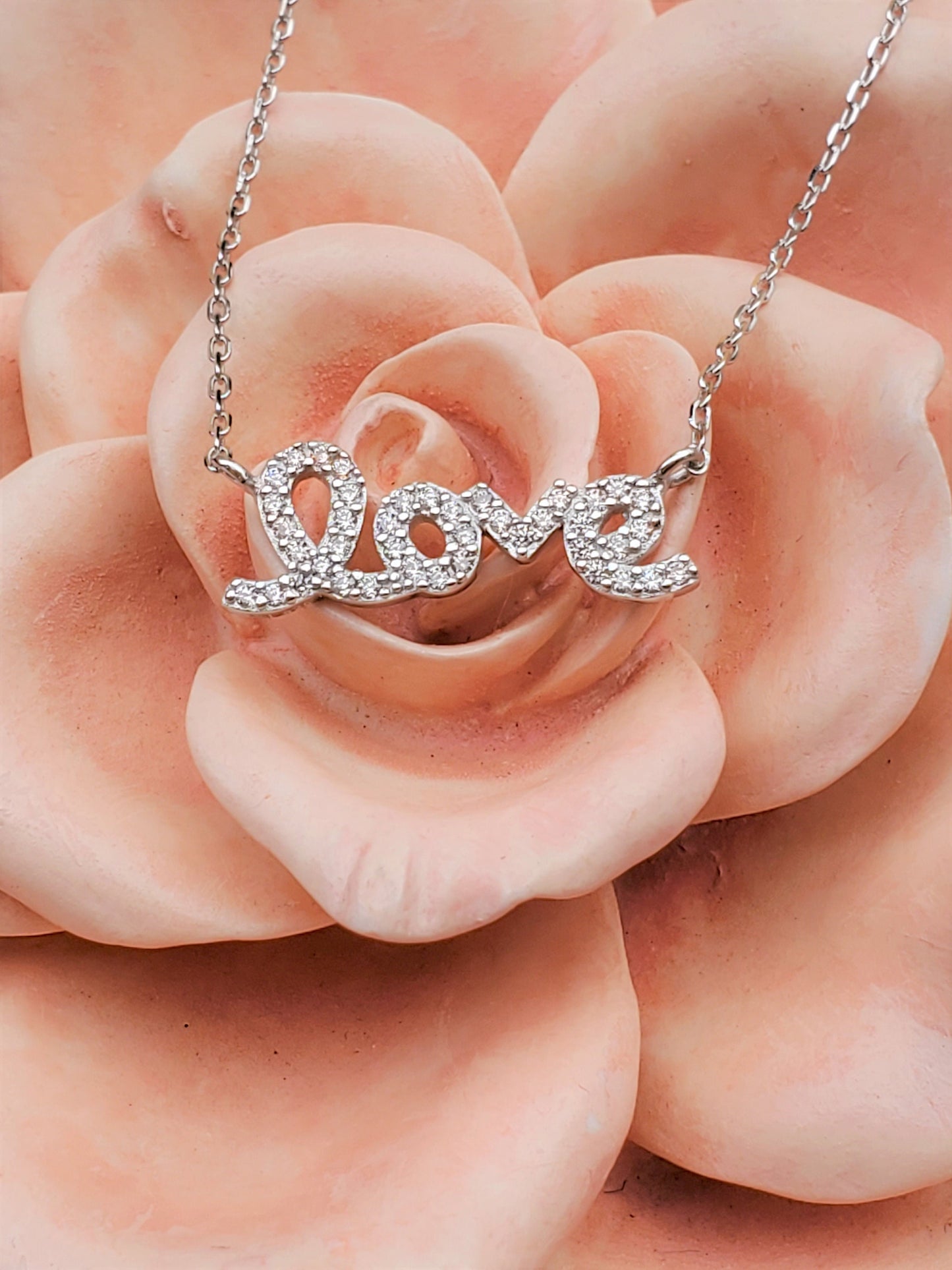 love Necklace, love, pave pendant, valentines day gift, silver necklace, Mother's Day Gift ,gift for her