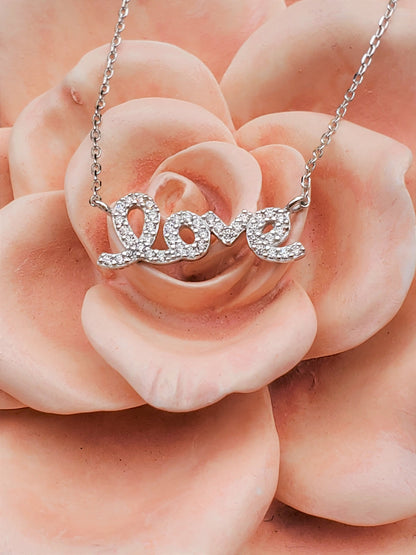 love Necklace, love, pave pendant, valentines day gift, silver necklace, Mother's Day Gift ,gift for her