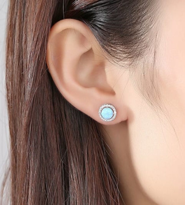 0.75 ct opal round stud earrings, Round white Opal, Stud halo Earrings, minimalist stud earring, October birthstone, opal earrings