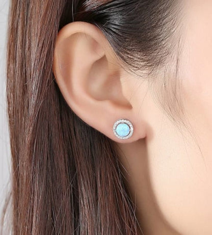 0.75 ct opal round stud earrings, Round white Opal, Stud halo Earrings, minimalist stud earring, October birthstone, opal earrings