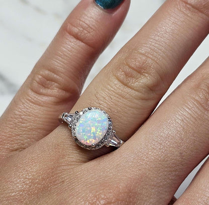 3ct white fire opal and 2 baguette cz ring, Halo Ring with Synthetic Oval Opal, opal engagement ring, oval stone, halo ring, white opal ring
