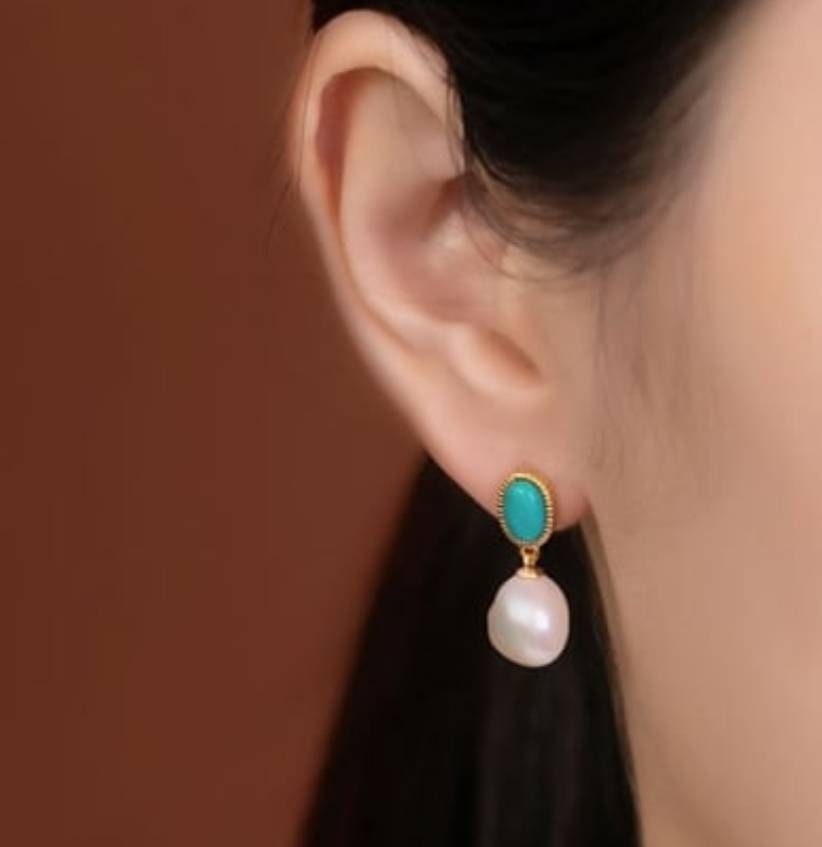 14K Gold Plated pearl and Turquoise earrings, anniversary gift, gemstone, turquoise earrings, stud earrings, 0.75ct Turquoise