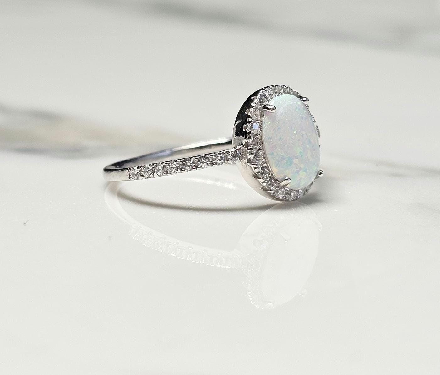 2ct oval opal stone, Oval Solitaire Synthetic Opal Ring, halo oval ring, engagement ring, halo ring, white opal ring, October birth stone