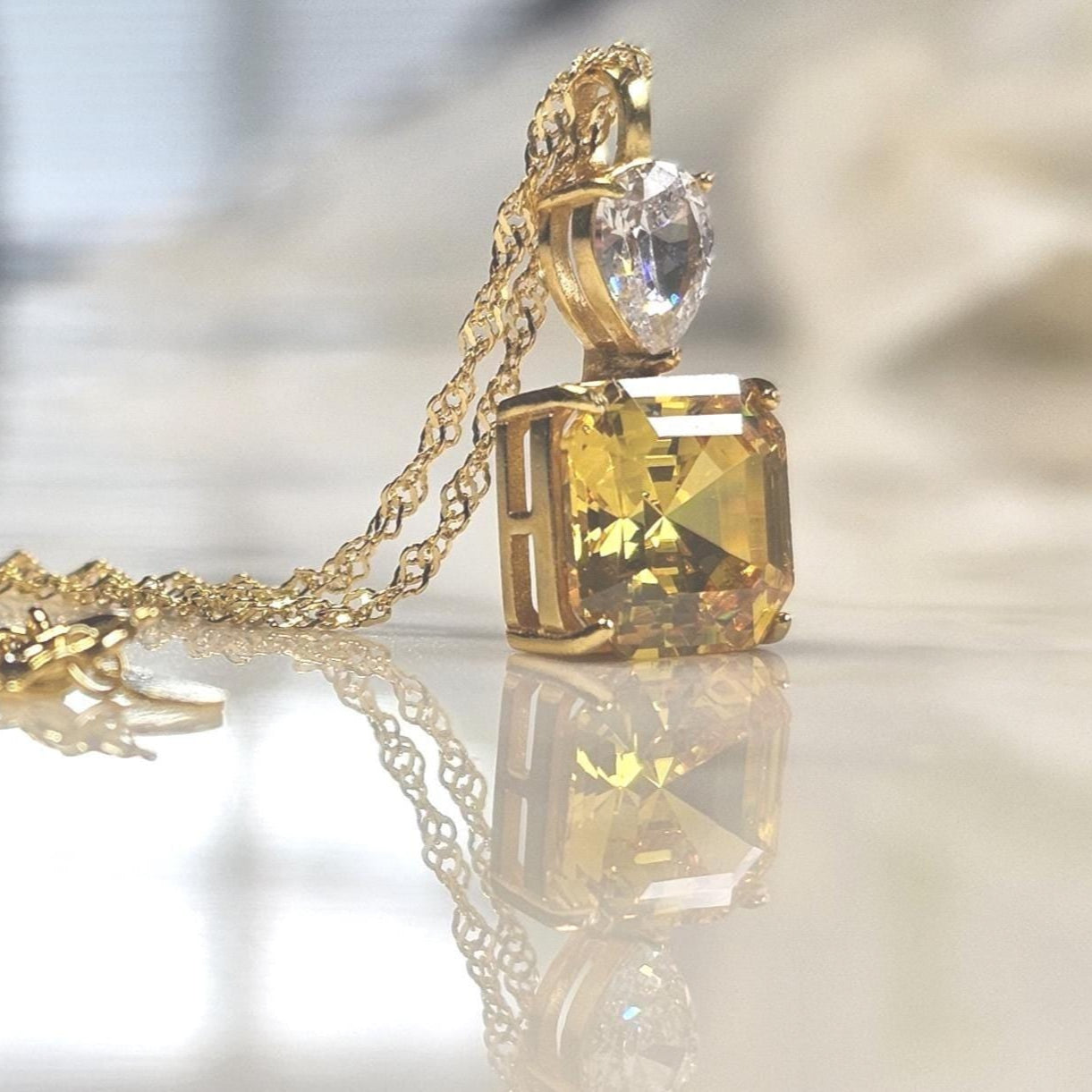5ct Asscher cut bright yellow citrine necklace,18k yellow gold vermeil, November birthstone,  anniversary gift, geometric dainty necklace