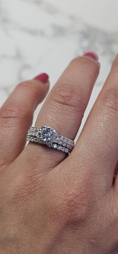 0.50ct round halo cz ring, marquise ring, Dainty stackable, engagement ring, wedding set ring ,two piece ring, half eternity ring