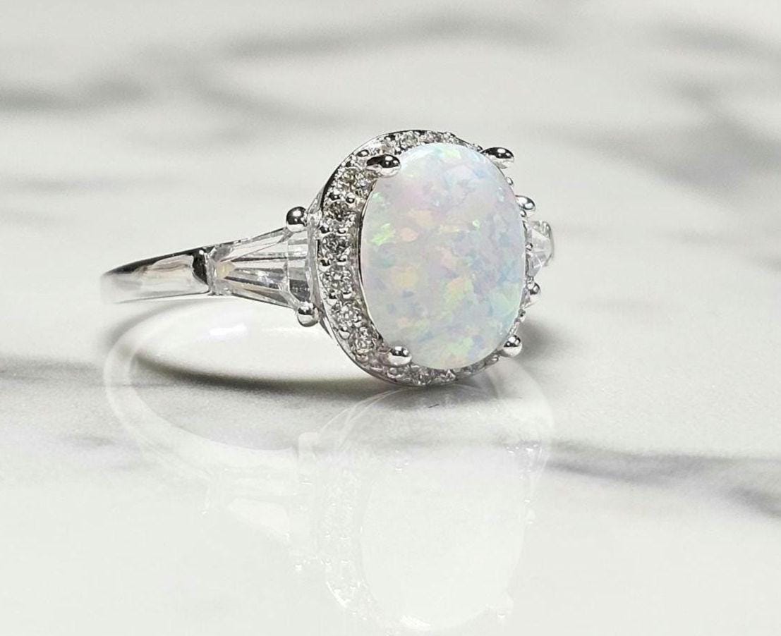 3ct white fire opal and 2 baguette cz ring, Halo Ring with Synthetic Oval Opal, opal engagement ring, oval stone, halo ring, white opal ring