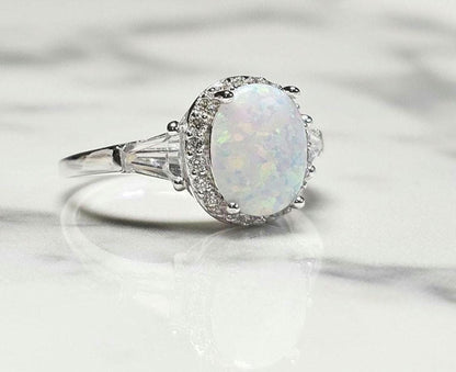 3ct white fire opal and 2 baguette cz ring, Halo Ring with Synthetic Oval Opal, opal engagement ring, oval stone, halo ring, white opal ring
