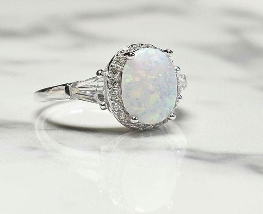 3ct white fire opal and 2 baguette cz ring, Halo Ring with Synthetic Oval Opal, opal engagement ring, oval stone, halo ring, white opal ring