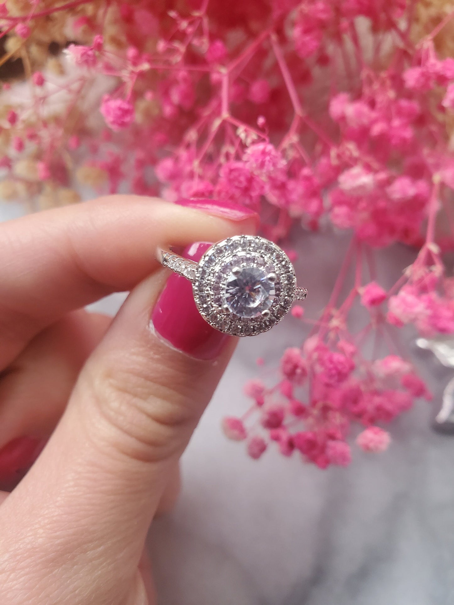 0.5 ct round ring, solitaire ring, engagement ring, stackable ring, 18k gold plated, 2rows halo pink tourmaline and cz ,fancy ring