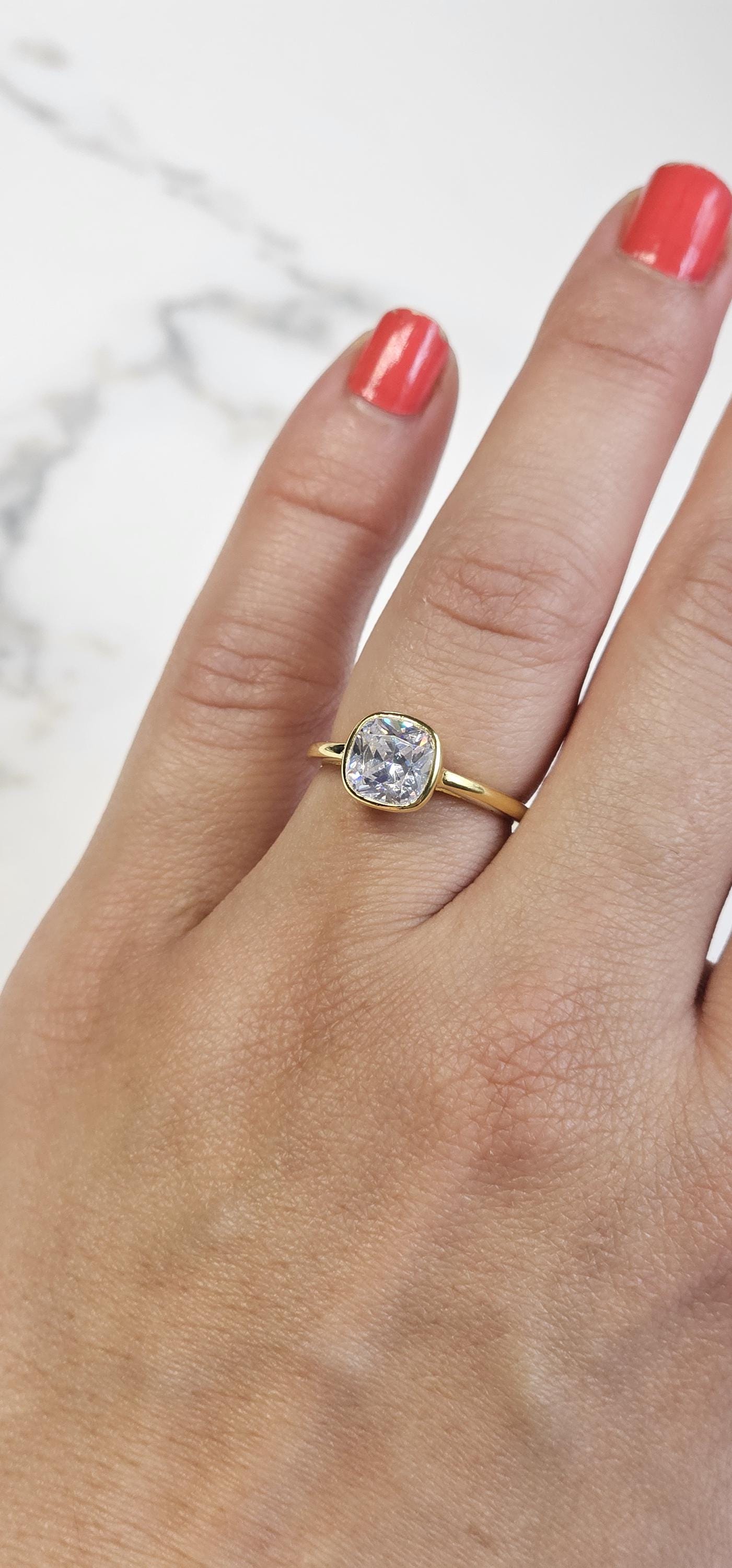 2ct cushion cut ring, 925 sterling silver high carbon diamond white solitaire ring, minimalist band ring, engagement ring, bezel ring