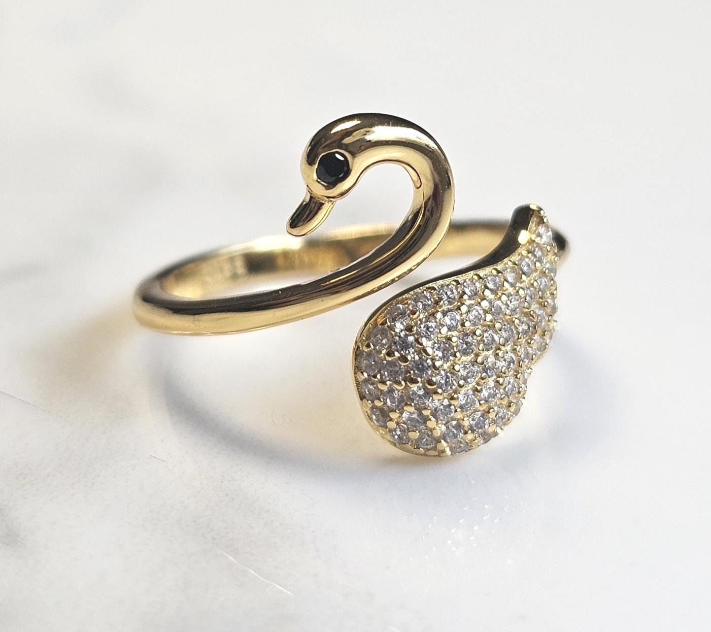 18k gold swan minimalist band ring, 925 sterling silver cubic zirconia ring, gold swam, 18K Gold Plated, Anniversary Gift, Teen Girl gift