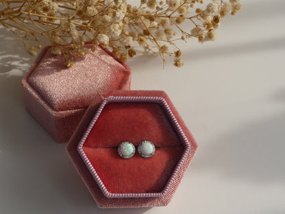 0.75 ct opal round stud earrings, Round white Opal, Stud halo Earrings, minimalist stud earring, October birthstone, opal earrings