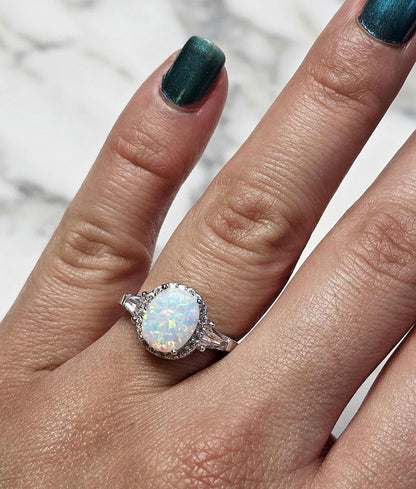 3ct white fire opal and 2 baguette cz ring, Halo Ring with Synthetic Oval Opal, opal engagement ring, oval stone, halo ring, white opal ring