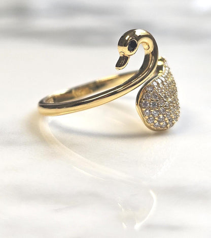 18k gold swan minimalist band ring, 925 sterling silver cubic zirconia ring, gold swam, 18K Gold Plated, Anniversary Gift, Teen Girl gift