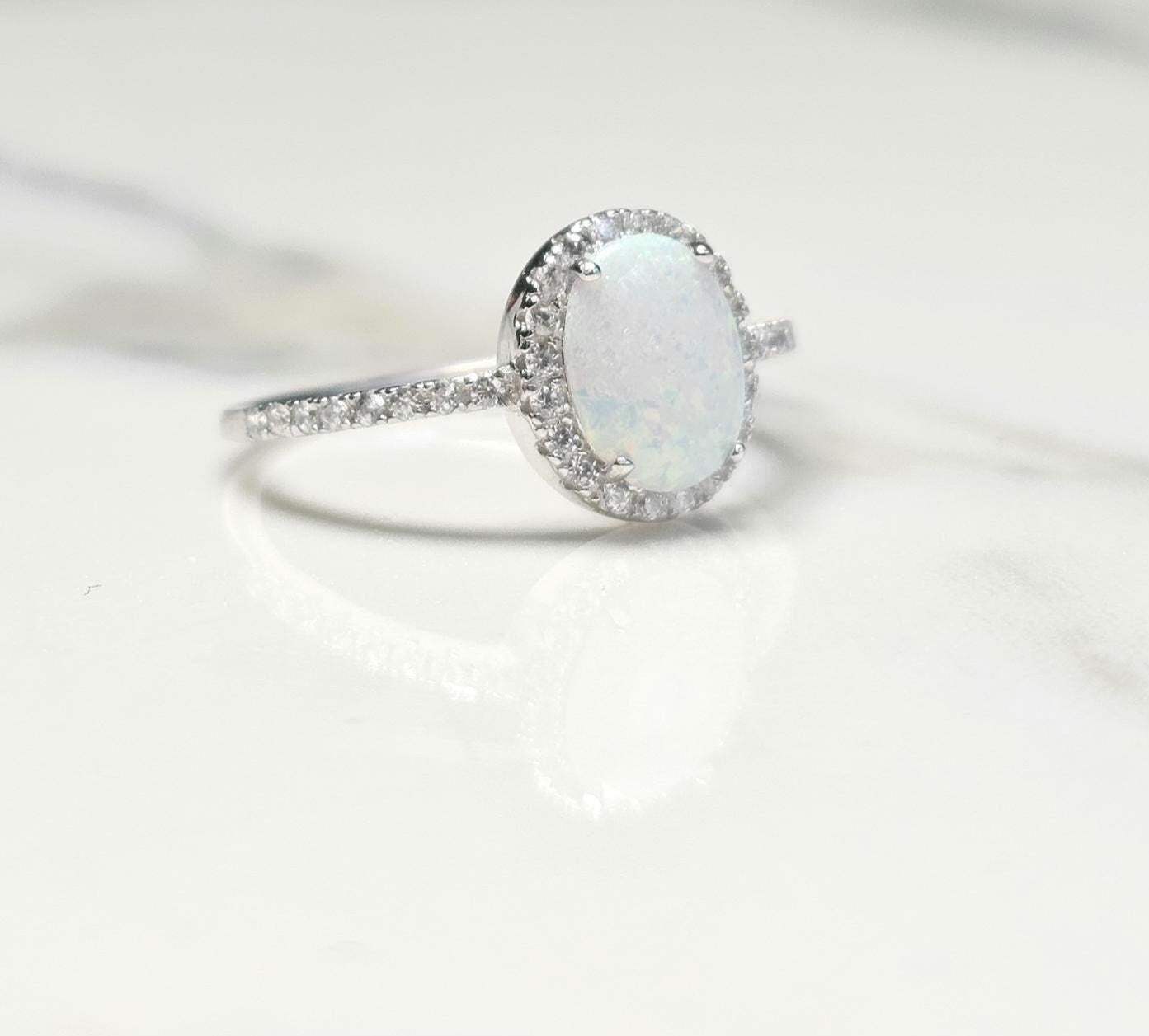 2ct oval opal stone, Oval Solitaire Synthetic Opal Ring, halo oval ring, engagement ring, halo ring, white opal ring, October birth stone