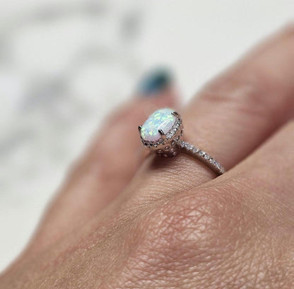 1ct oval opal stone, Oval Solitaire Synthetic Opal Ring, halo oval ring, engagement ring, halo ring, white opal ring, October birth stone