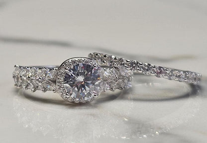 0.50ct round halo cz ring, marquise ring, Dainty stackable, engagement ring, wedding set ring ,two piece ring, half eternity ring