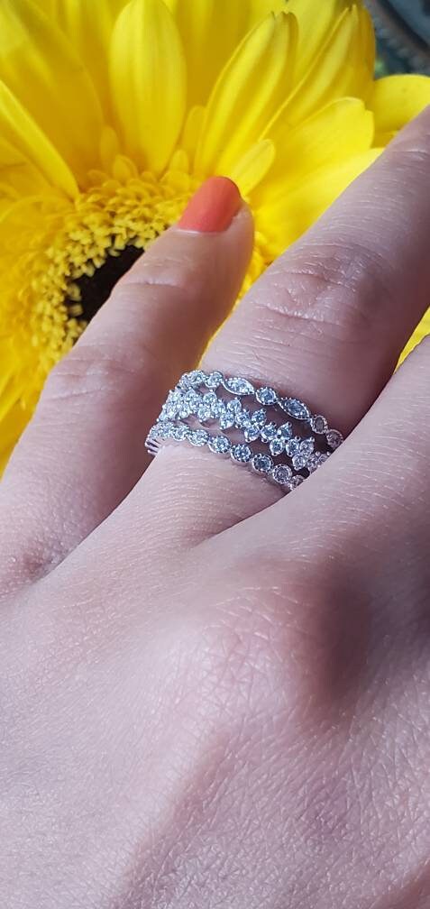 3pcs engagement ring ,Curved Wedding Band, eternity bands, 925Sterling Silver, pave wedding band, anniversary gift, jewelry