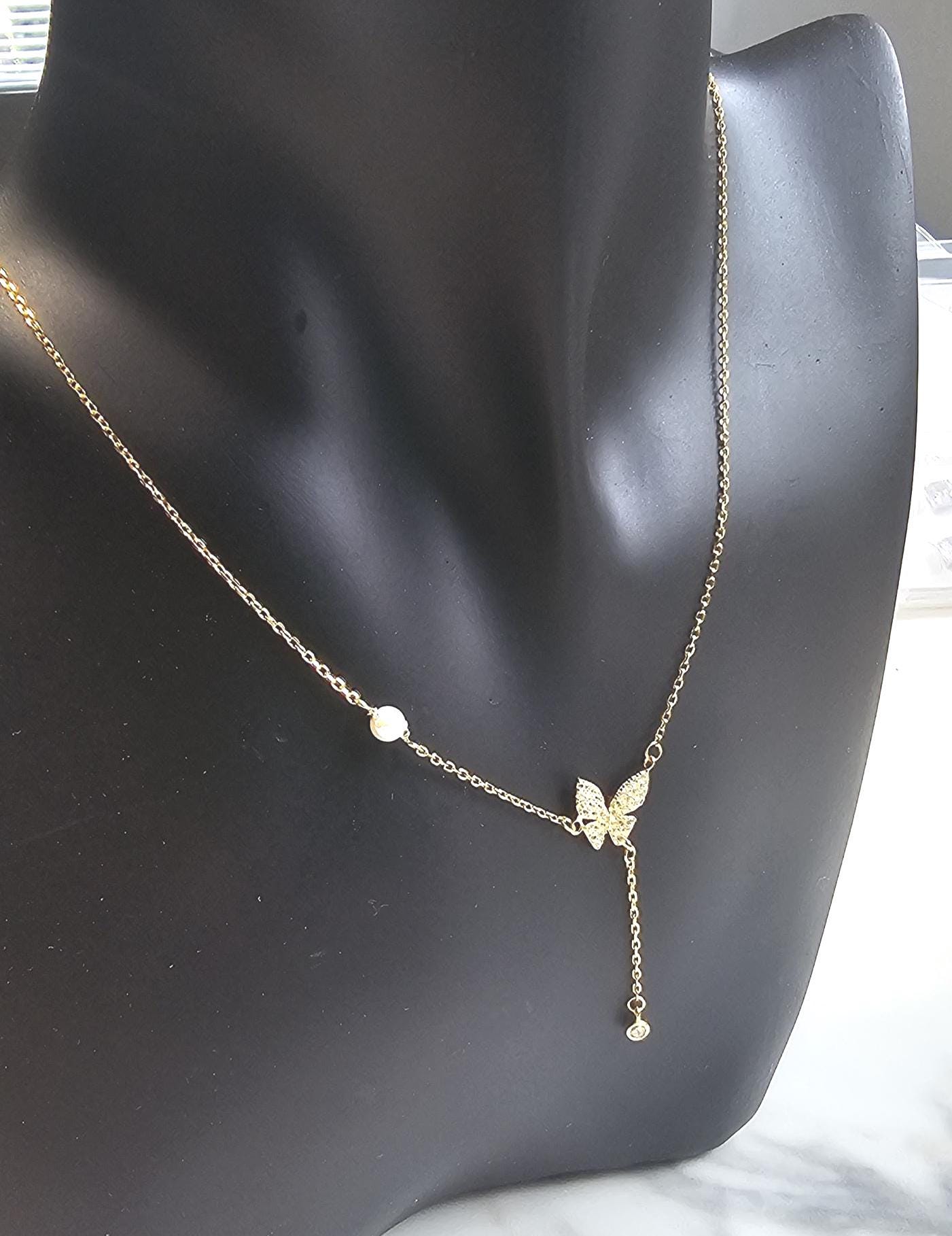 butterfly minimalist lariat necklace ,18k yellow gold necklace, anniversary gift, dainty necklace