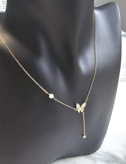 butterfly minimalist lariat necklace ,18k yellow gold necklace, anniversary gift, dainty necklace