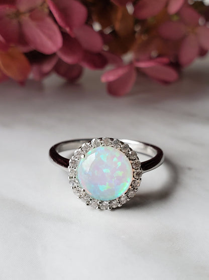 2ct round white Opal Ring ,white opal, halo ring, Anniversary ring, Present Future Ring, cz wedding ring, gift for her, engagement ring