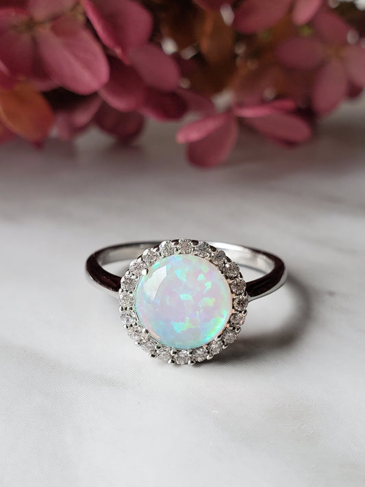 2ct round white Opal Ring ,white opal, halo ring, Anniversary ring, Present Future Ring, cz wedding ring, gift for her, engagement ring