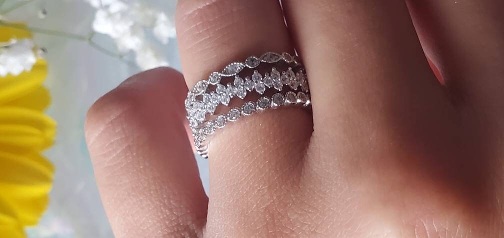 3pcs engagement ring ,Curved Wedding Band, eternity bands, 925Sterling Silver, pave wedding band, anniversary gift, jewelry