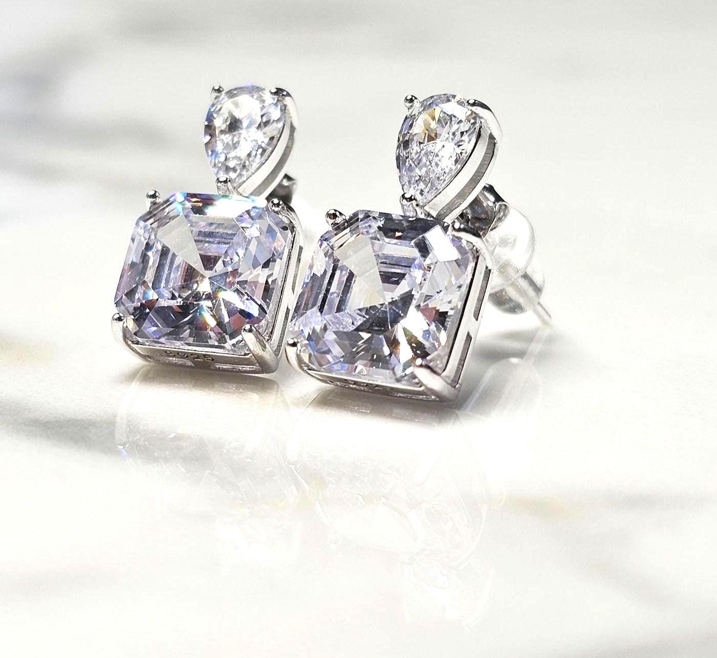 bright cz  pear and square earrings, 925 sterling silver earrings, wedding earrings, gift for her, anniversary gift