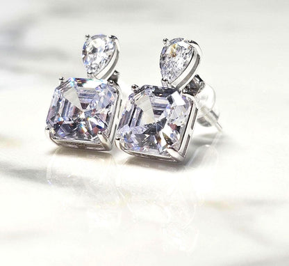 bright cz  pear and square earrings, 925 sterling silver earrings, wedding earrings, gift for her, anniversary gift