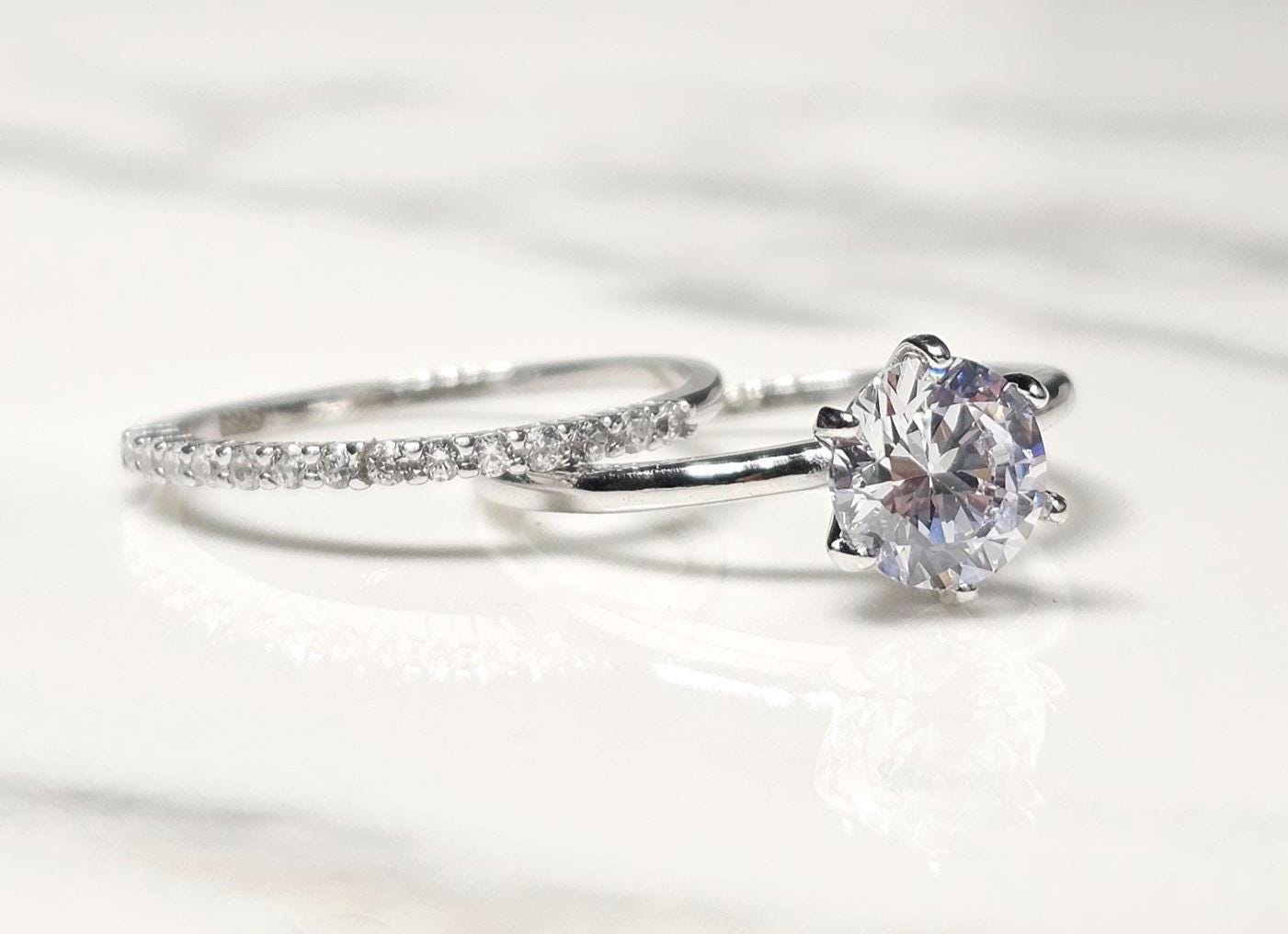 1.25ct round solitaire ring, engagement ring set, wedding set, classic bridal, Dainty stackable, two piece ring, half eternity ring