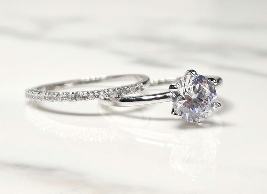 1.25ct round solitaire ring, engagement ring set, wedding set, classic bridal, Dainty stackable, two piece ring, half eternity ring