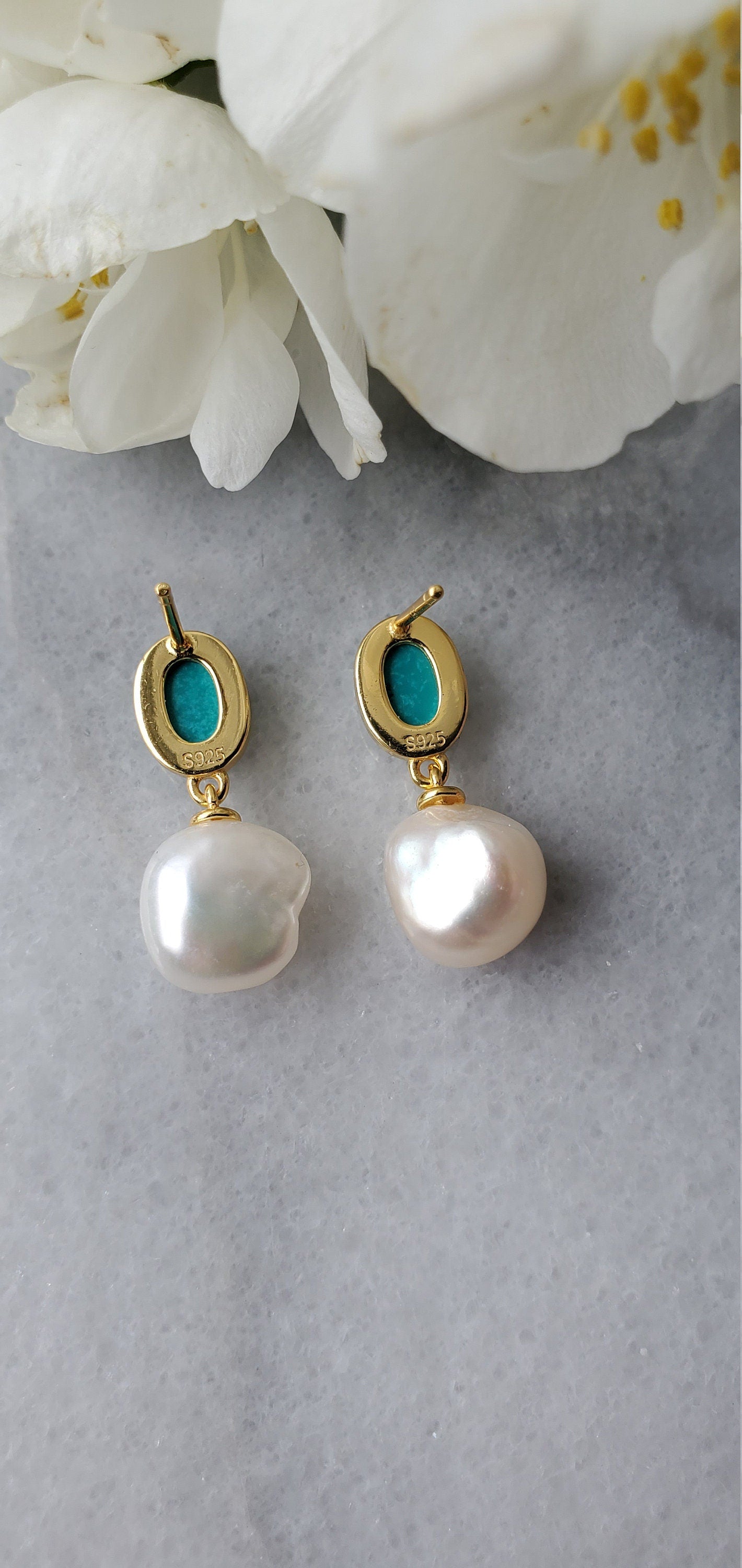 14K Gold Plated pearl and Turquoise earrings, anniversary gift, gemstone, turquoise earrings, stud earrings, 0.75ct Turquoise