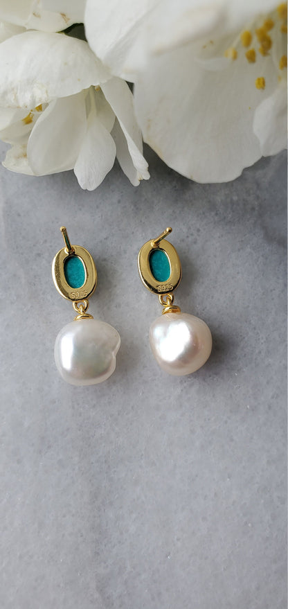 14K Gold Plated pearl and Turquoise earrings, anniversary gift, gemstone, turquoise earrings, stud earrings, 0.75ct Turquoise
