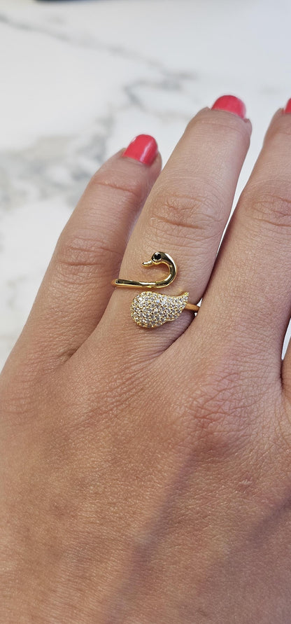 18k gold swan minimalist band ring, 925 sterling silver cubic zirconia ring, gold swam, 18K Gold Plated, Anniversary Gift, Teen Girl gift