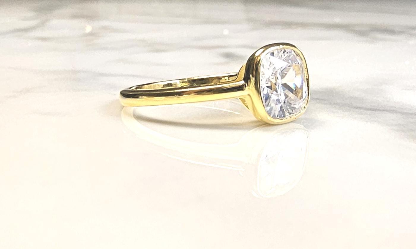 2ct cushion cut ring, 925 sterling silver high carbon diamond white solitaire ring, minimalist band ring, engagement ring, bezel ring