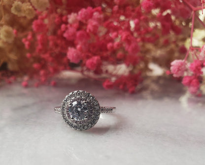 0.5 ct round ring, solitaire ring, engagement ring, stackable ring, 18k gold plated, 2rows halo pink tourmaline and cz ,fancy ring