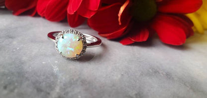 2ct round white Opal Ring ,white opal, halo ring, Anniversary ring, Present Future Ring, cz wedding ring, gift for her, engagement ring
