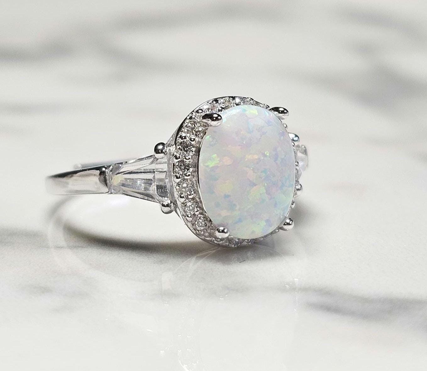 3ct white fire opal and 2 baguette cz ring, Halo Ring with Synthetic Oval Opal, opal engagement ring, oval stone, halo ring, white opal ring