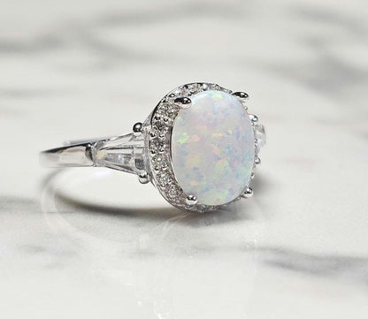 3ct white fire opal and 2 baguette cz ring, Halo Ring with Synthetic Oval Opal, opal engagement ring, oval stone, halo ring, white opal ring